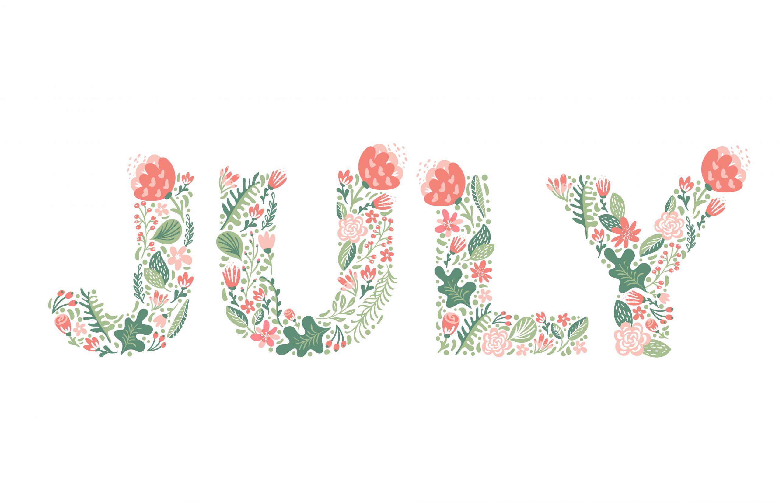 Hello July handwritten calligraphy lettering text. Summer month vector with flowers and leaves
