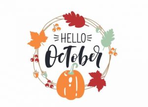 hello October, bright fall leaves and lettering composition
